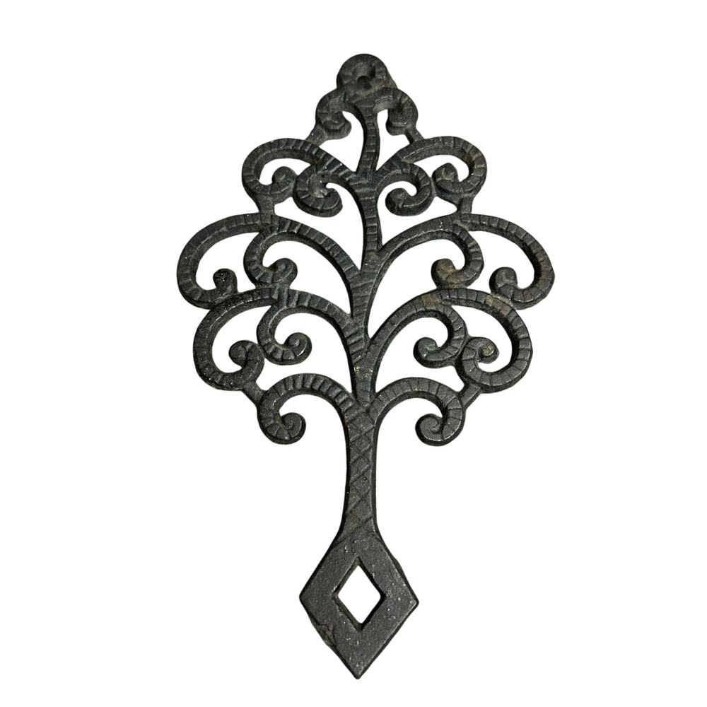 Vintage midcentury cast iron trivet tree of life mod folk art wall hanging 8.5”